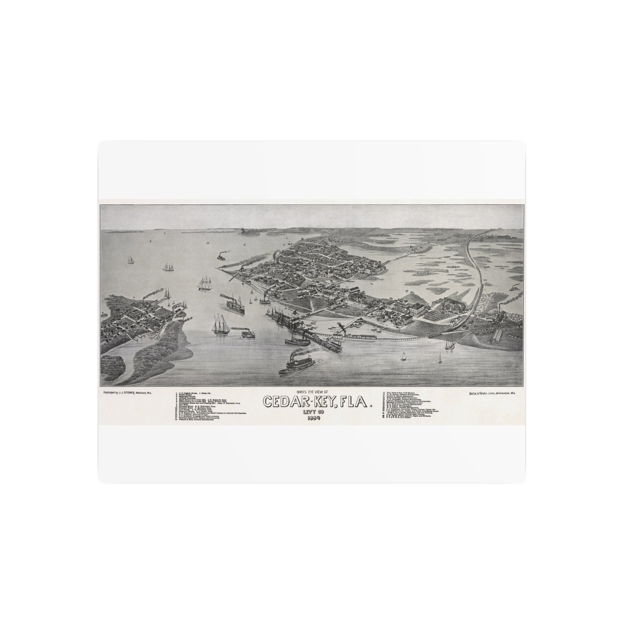 Cedar Key Florida 1884 Historic Map Metal Sign | Old Florida Decor