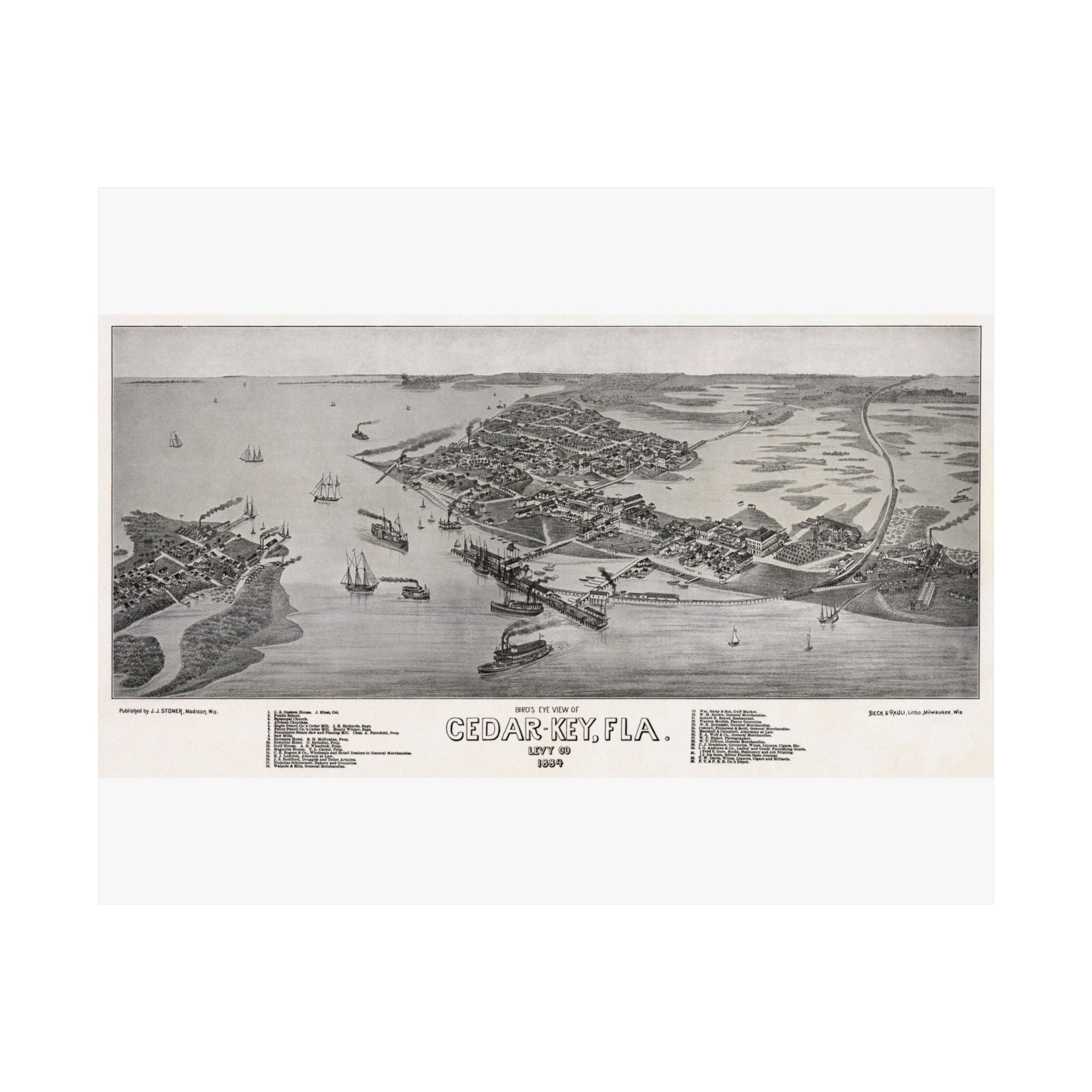 Cedar Key Florida 1884 Historic Map Print | Old Florida Wall Art