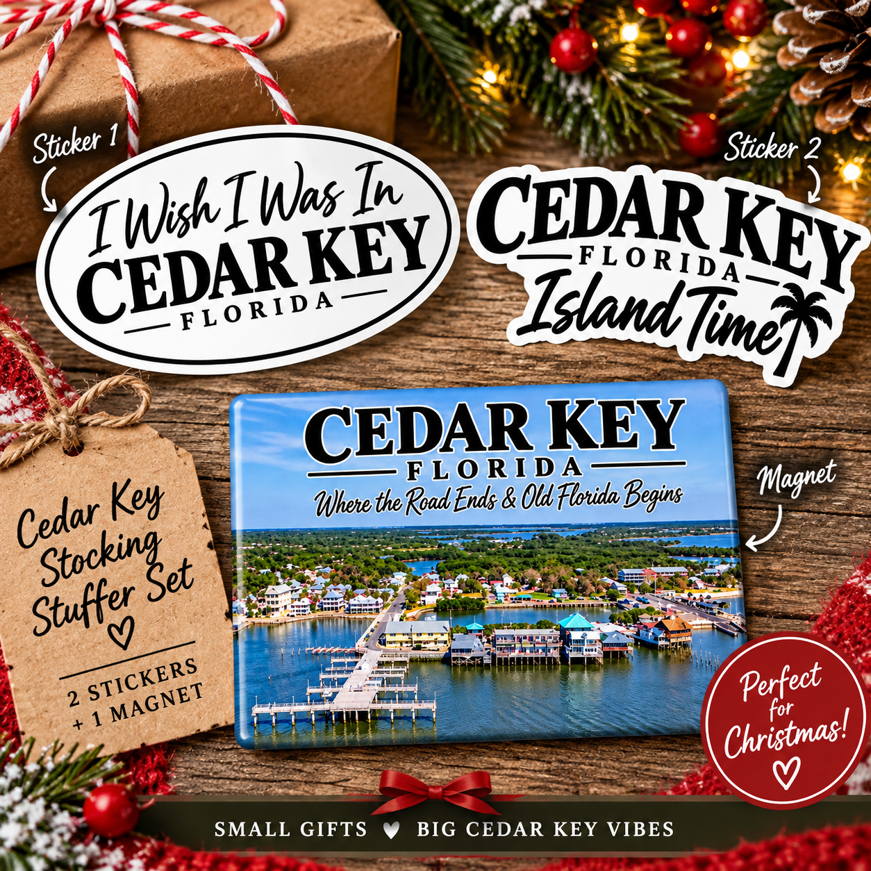 Cedar Key Stocking Stuffer Set | 2 Stickers + Magnet