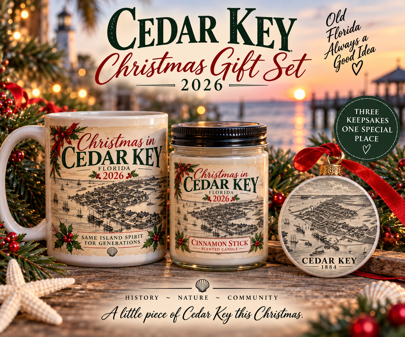Cedar Key Christmas Gift Set 2026 | Mug, Candle & Historic Ornament
